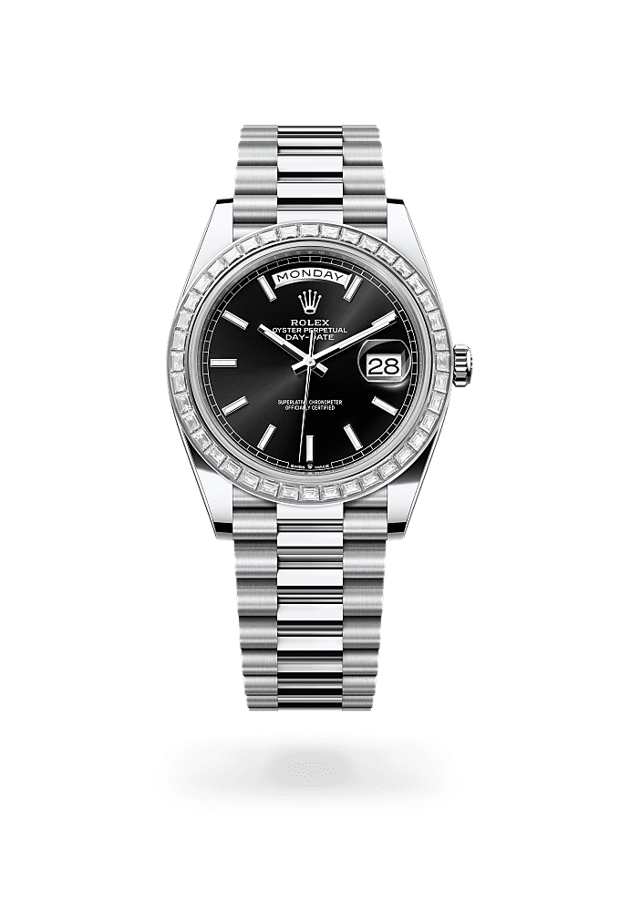 Day-Date 40, Oyster, 40 mm, platinum and diamonds, Dial : Bright black, Rolex