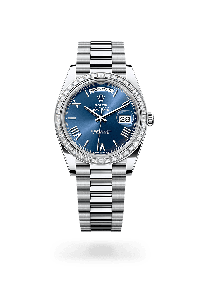 Day-Date 40, Oyster, 40 mm, platinum and diamonds, Dial : Bright blue, Rolex
