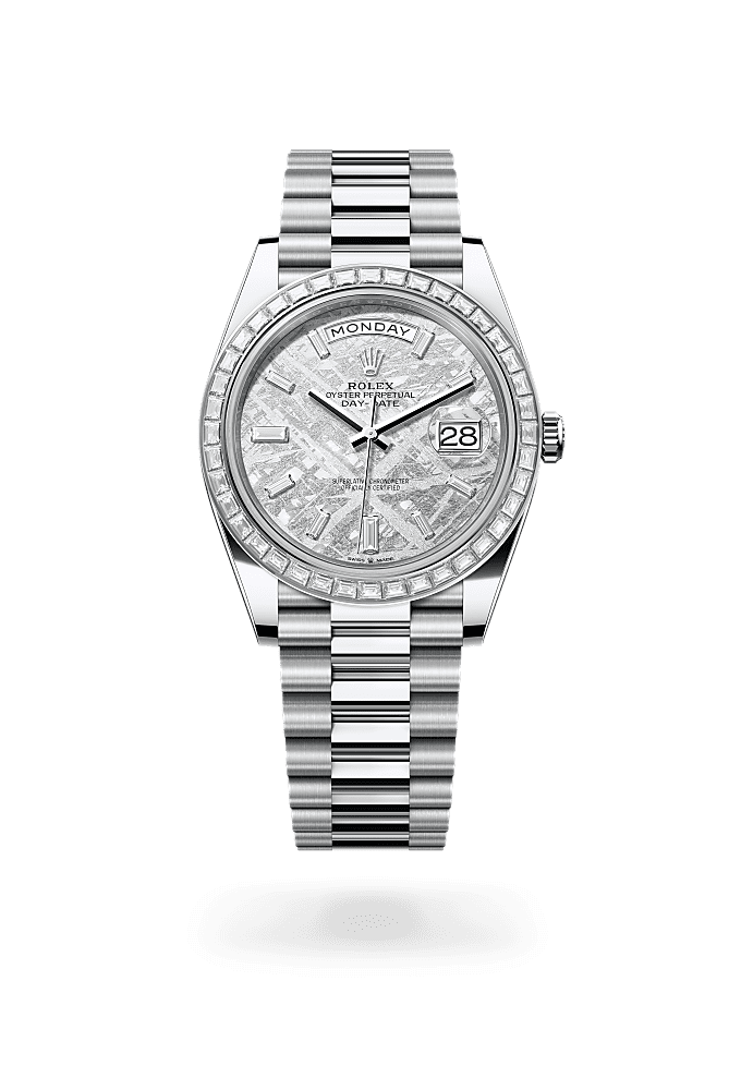 Day-Date 40, Oyster, 40 mm, platinum and diamonds, Dial : Meteorite set with diamonds, Rolex