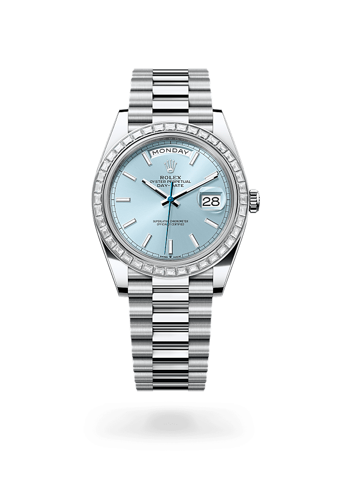 Day-Date 40, Oyster, 40 mm, platinum and diamonds, Dial : Ice blue, Rolex