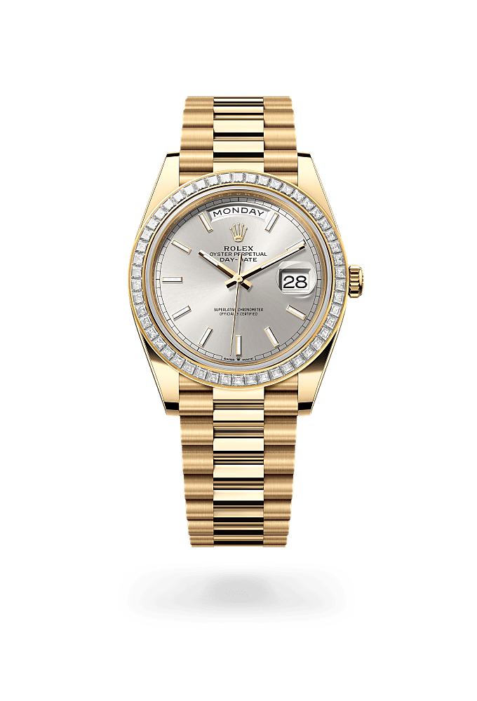 星期日历型 40, 蚝式，40毫米，钻石及黄金, 表盘 : 银色, Rolex