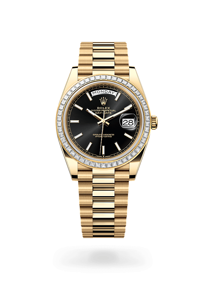 星期日历型 40, 蚝式,40毫米,钻石及黄金, 表盘 : 亮黑色, Rolex