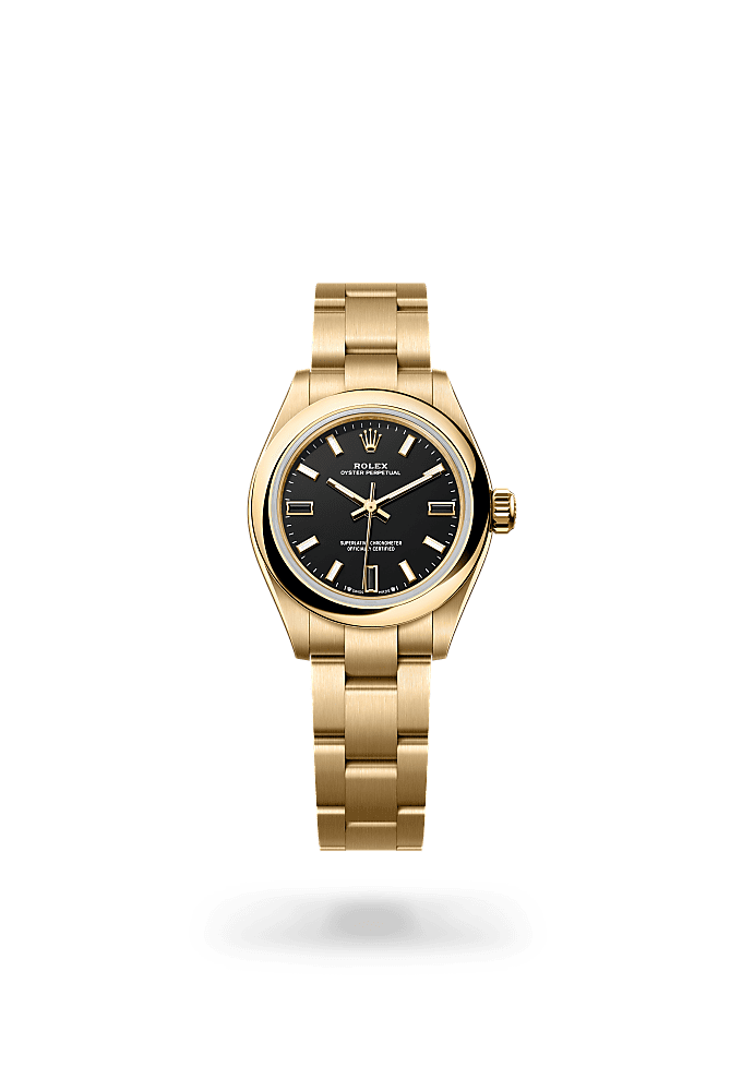 Oyster Perpetual 28, Oyster, 28 mm, yellow gold, Dial : Black, Rolex