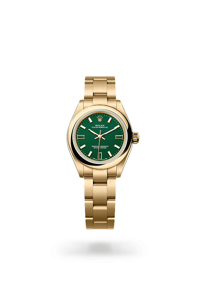 蚝式恒动型 28, 蚝式，28毫米，黄金, 表盘 : 绿石, Rolex