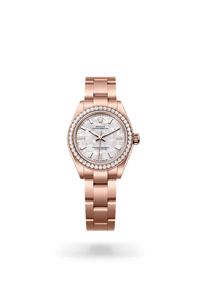 Oyster Perpetual 28, Oyster, 28 mm, Everose gold and diamonds, Dial : White mother-of-pearl set with diamonds, Rolex