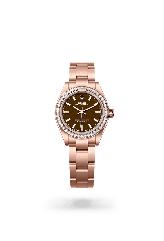 蚝式恒动型 28, 蚝式，28毫米，钻石及永恒玫瑰金, 表盘 : 棕石，镶钻石, Rolex