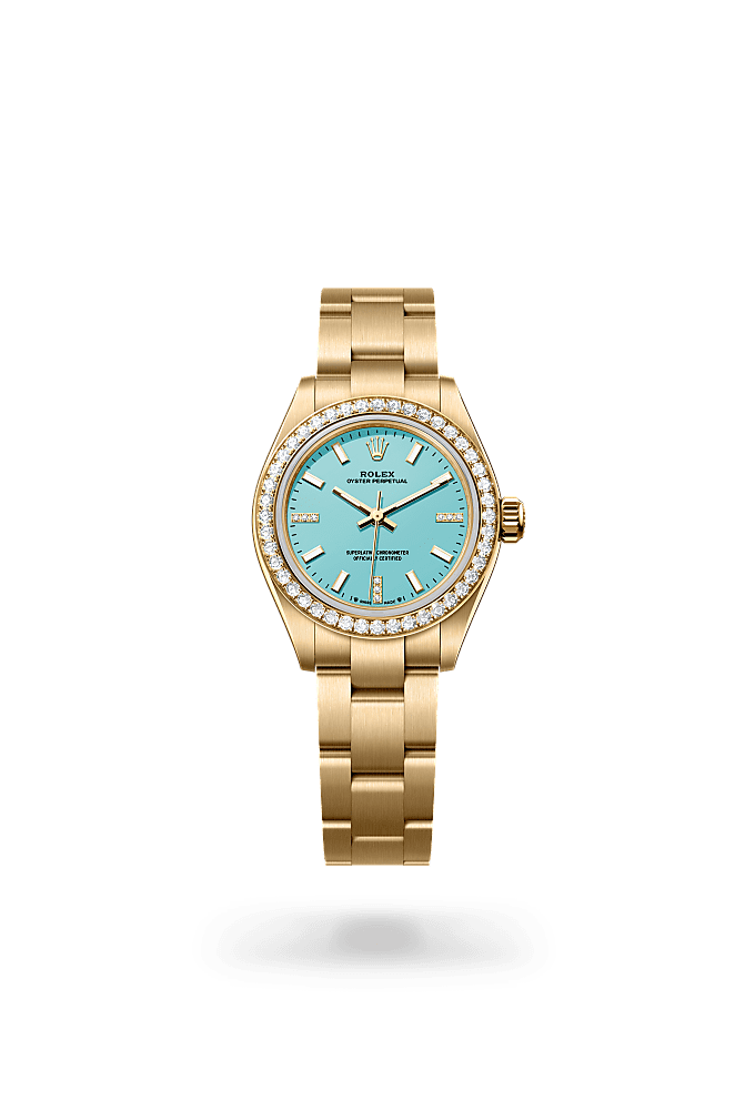 Oyster Perpetual 28, Oyster, 28 mm, yellow gold and diamonds, Dial : Turquoise blue set with diamonds, Rolex