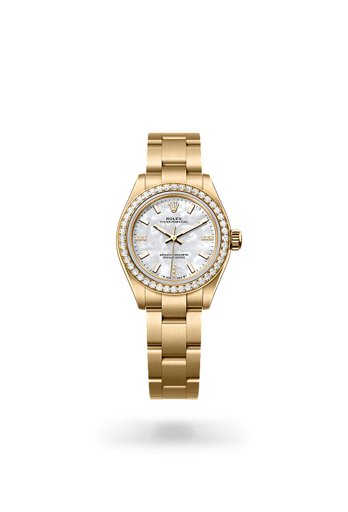 Oyster Perpetual 28, Oyster, 28 mm, yellow gold and diamonds, Dial : White mother-of-pearl set with diamonds, Rolex