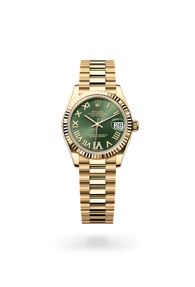 日志型 31, 蚝式,31毫米,黄金, 表盘 : 橄榄绿色,镶钻石, Rolex