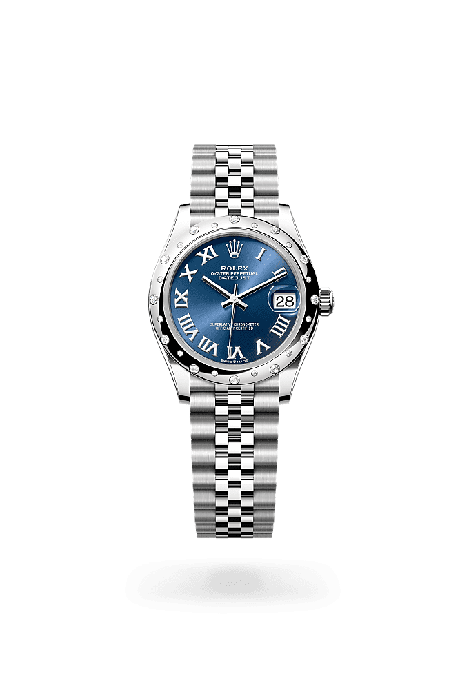 日志型 31, 蚝式,31毫米,钻石、白色黄金及蚝式钢, 表盘 : 亮蓝色, Rolex
