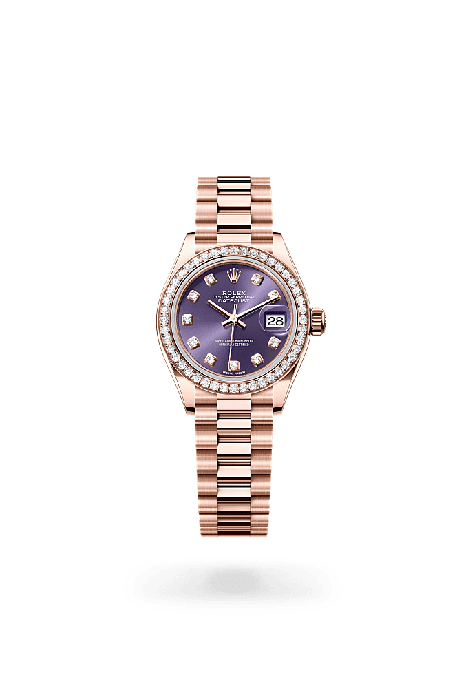 Lady-Datejust, Oyster, 28 mm, Everose gold and diamonds, Dial : Aubergine set with diamonds, Rolex