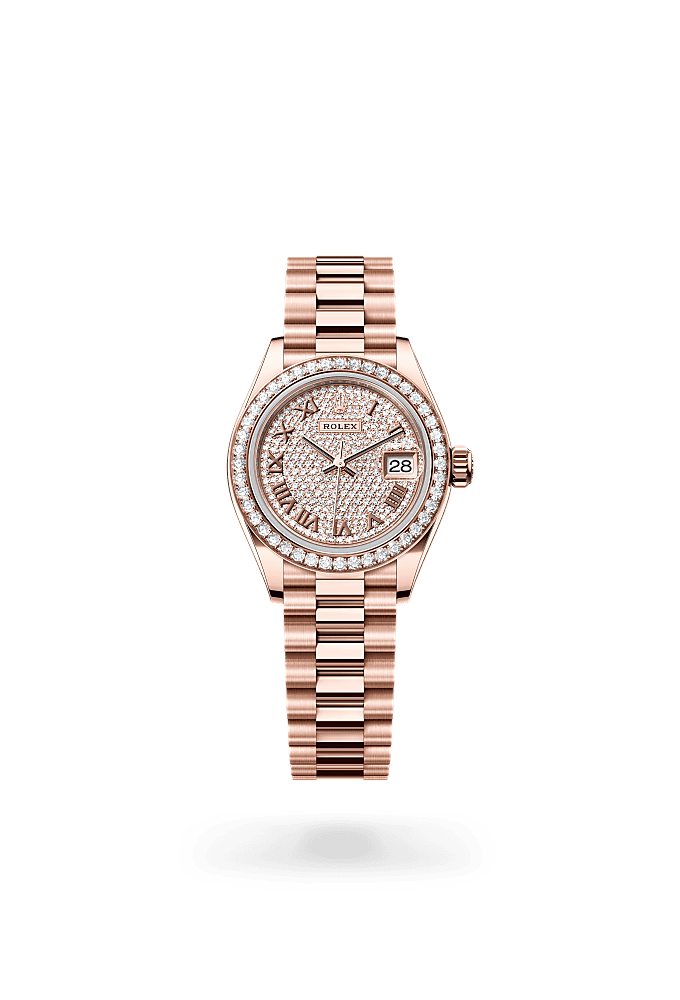 Lady-Datejust, Oyster, 28 mm, Everose gold and diamonds, Dial : Diamond-paved, Rolex