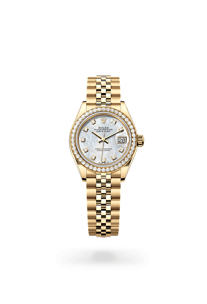 Lady-Datejust, Oyster, 28 mm, yellow gold and diamonds, Dial : White mother-of-pearl set with diamonds, Rolex