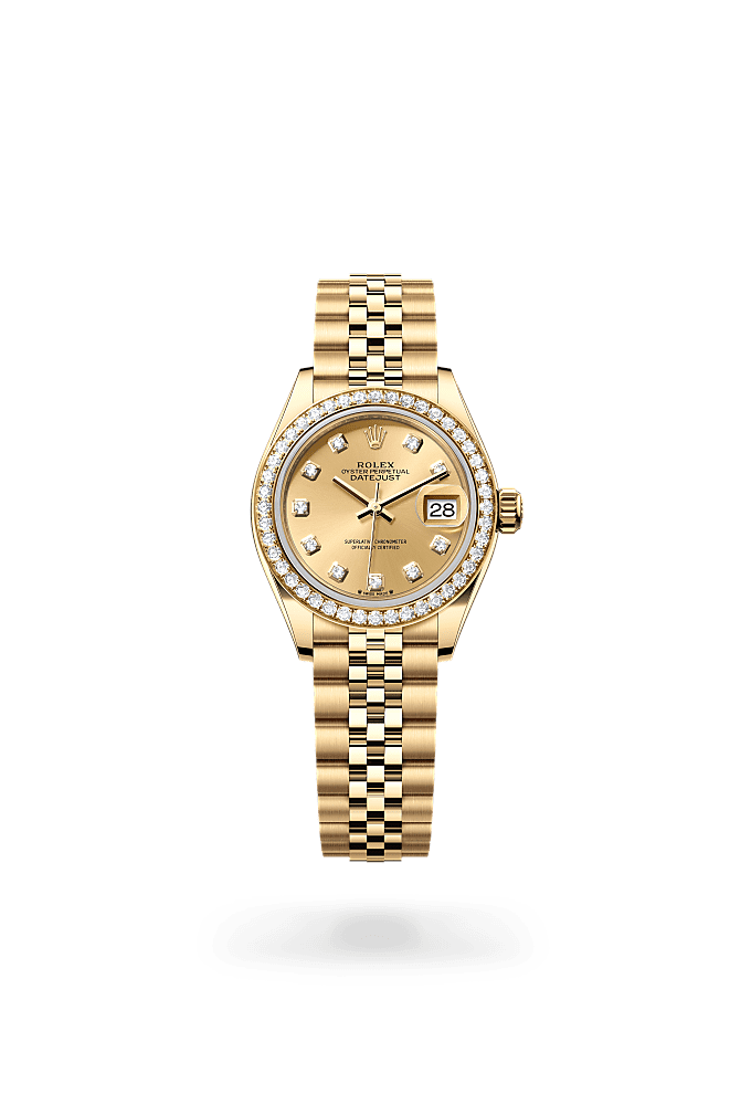 Lady-Datejust, Oyster, 28 mm, yellow gold and diamonds, Dial : Champagne-colour set with diamonds, Rolex