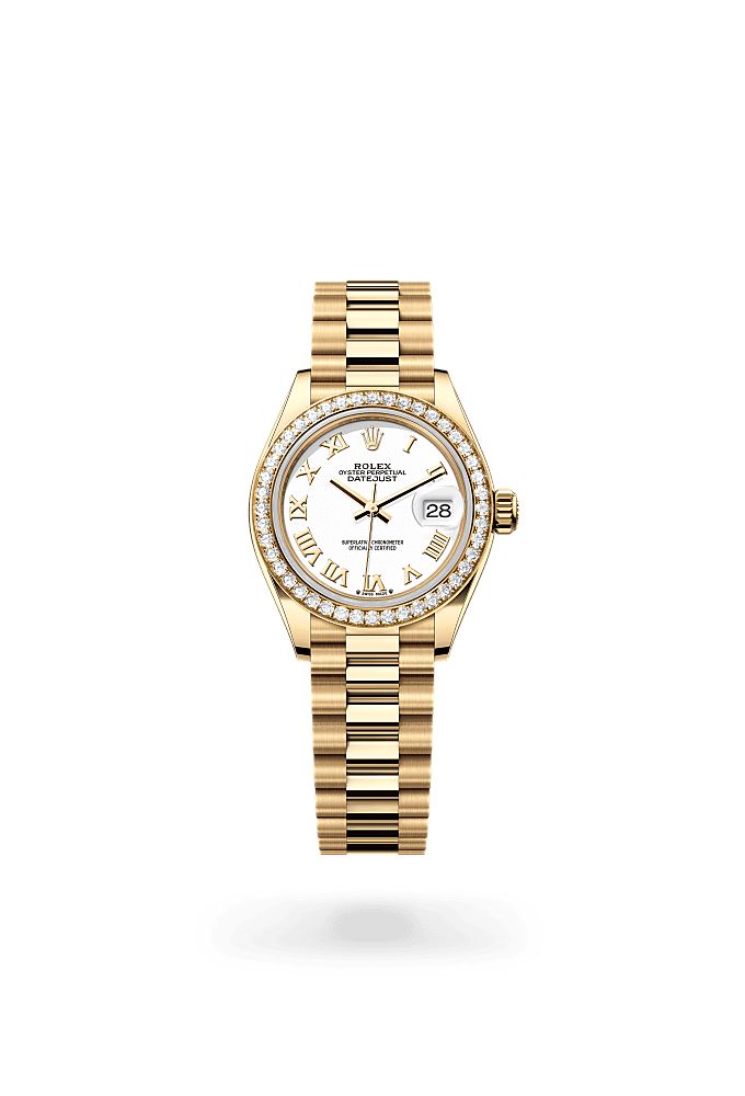 Lady-Datejust, Oyster, 28 mm, yellow gold and diamonds, Dial : White, Rolex