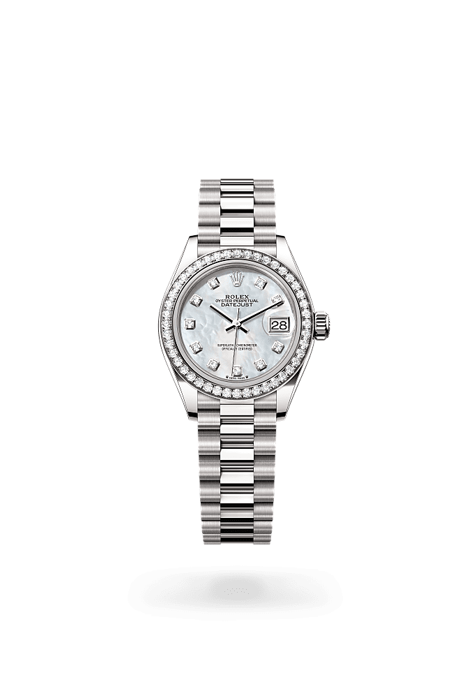 Lady-Datejust, Oyster, 28 mm, white gold and diamonds, Dial : White mother-of-pearl set with diamonds, Rolex