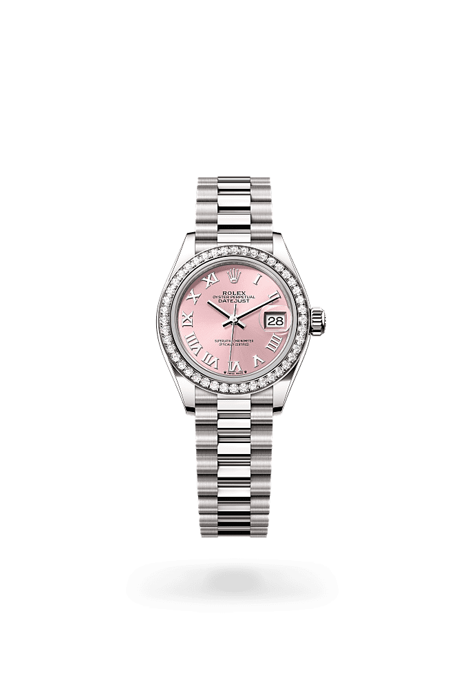 Lady-Datejust, Oyster, 28 mm, white gold and diamonds, Dial : Pink, Rolex