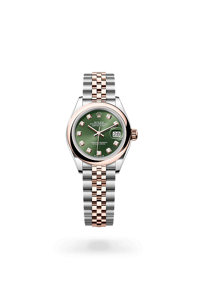 Lady-Datejust, Oyster, 28 mm, Oystersteel and Everose gold, Dial : Olive green set with diamonds, Rolex
