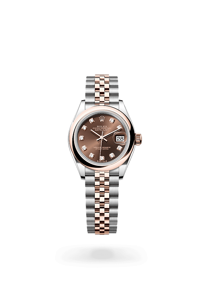 Lady-Datejust, Oyster, 28 mm, Oystersteel and Everose gold, Dial : Chocolate set with diamonds, Rolex