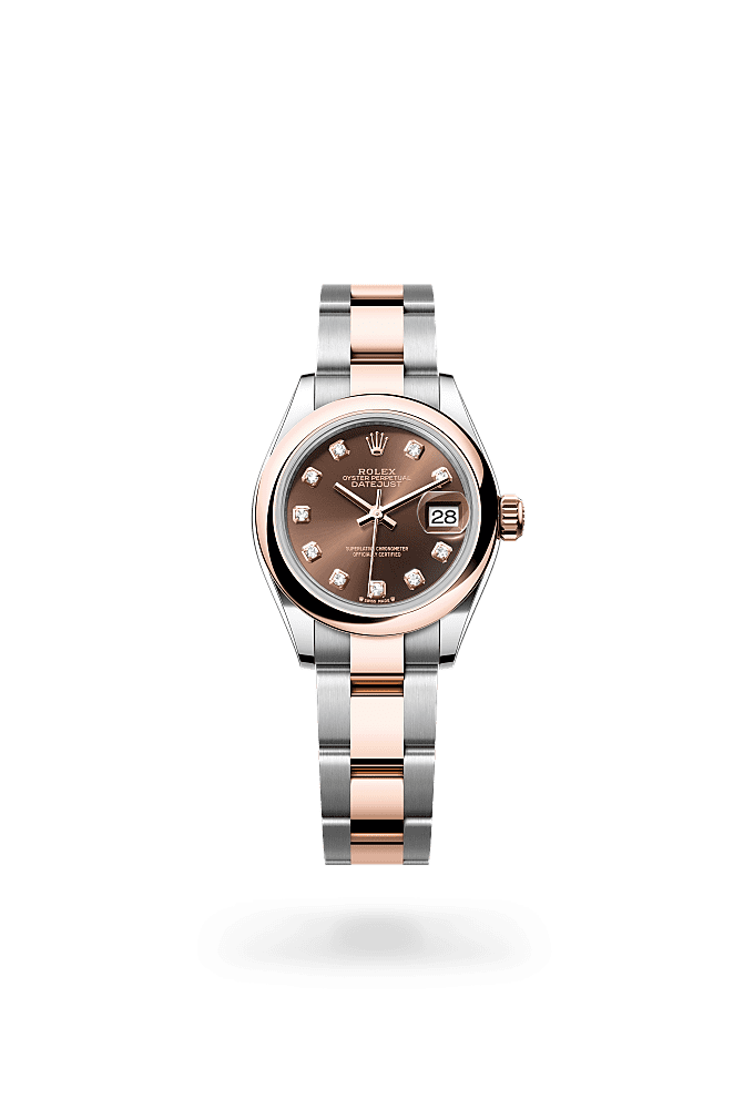 Lady-Datejust, Oyster, 28 mm, Oystersteel and Everose gold, Dial : Chocolate set with diamonds, Rolex