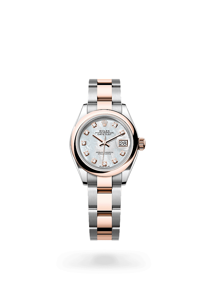 Lady-Datejust, Oyster, 28 mm, Oystersteel and Everose gold, Dial : White mother-of-pearl set with diamonds, Rolex