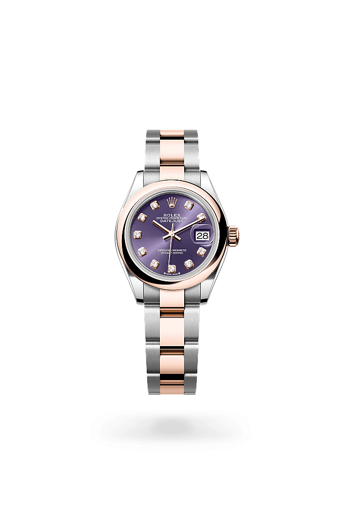 Lady-Datejust, Oyster, 28 mm, Oystersteel and Everose gold, Dial : Aubergine set with diamonds, Rolex