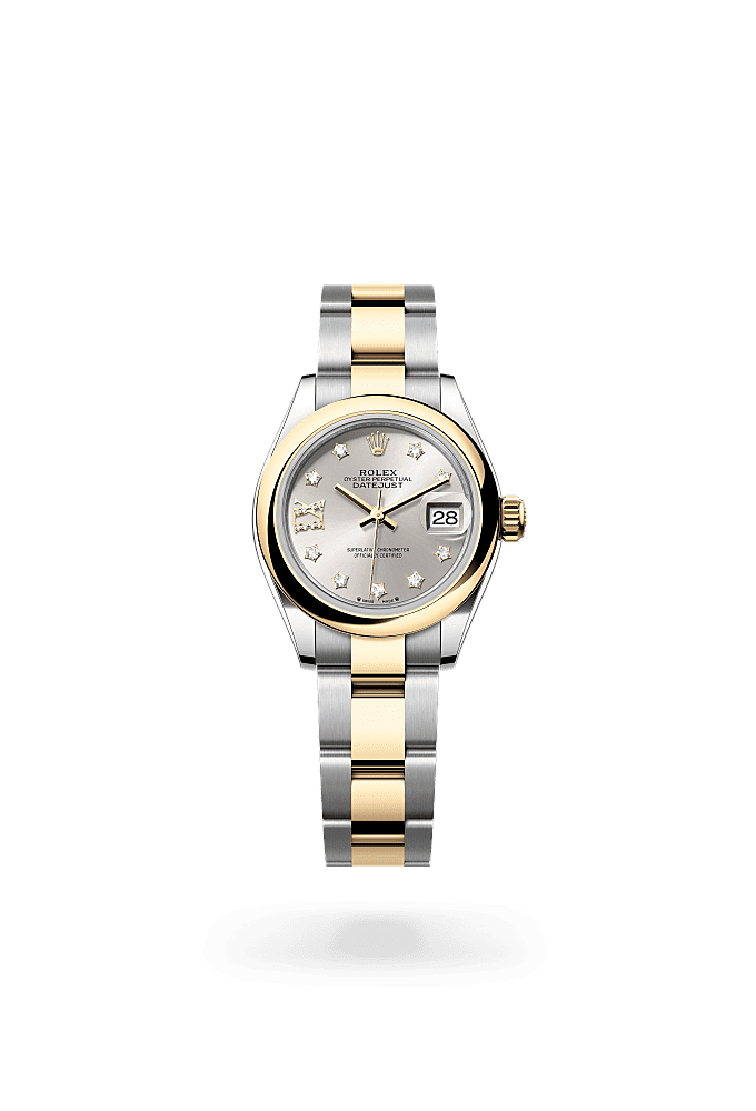 Lady-Datejust, Oyster, 28 mm, Oystersteel and yellow gold, Dial : Silver set with diamonds, Rolex