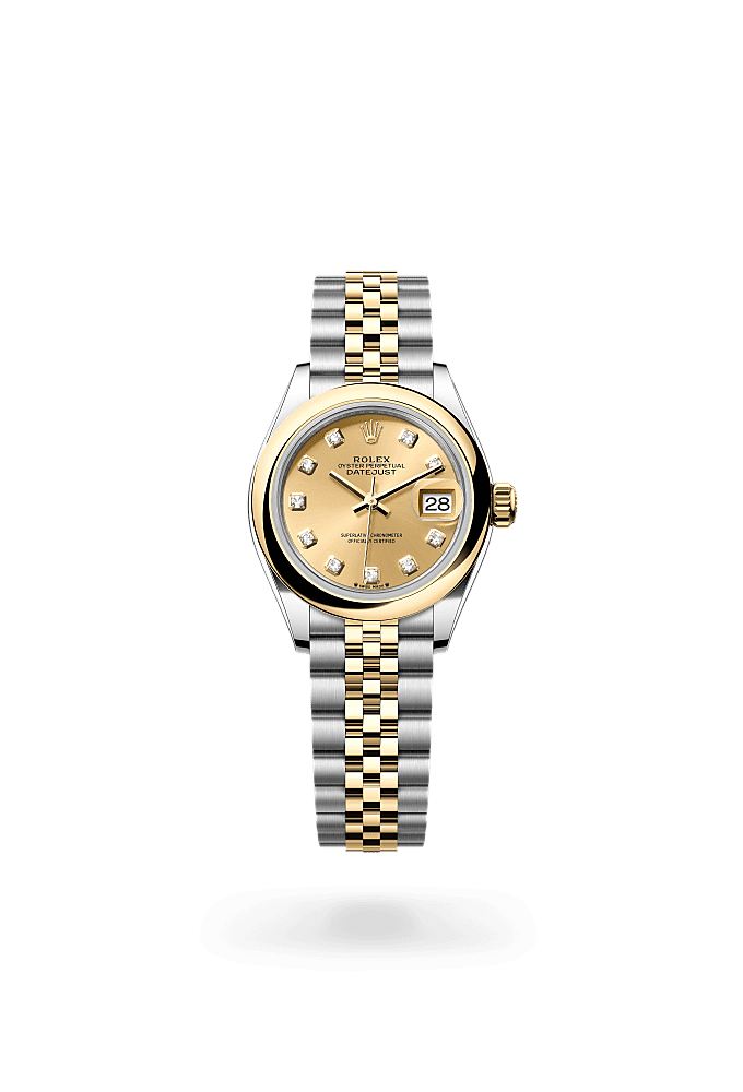 Lady-Datejust, Oyster, 28 mm, Oystersteel and yellow gold, Dial : Champagne-colour set with diamonds, Rolex