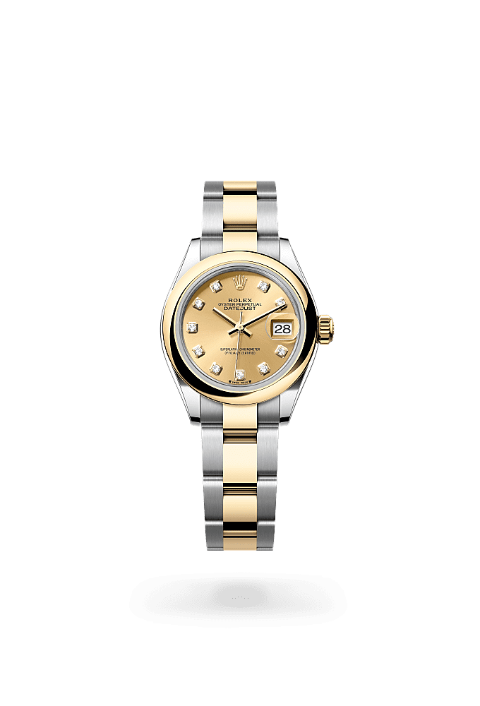 Lady-Datejust, Oyster, 28 mm, Oystersteel and yellow gold, Dial : Champagne-colour set with diamonds, Rolex