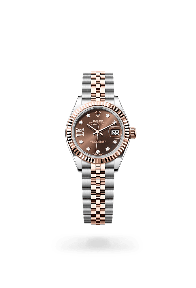 Lady-Datejust, Oyster, 28 mm, Oystersteel and Everose gold, Dial : Chocolate set with diamonds, Rolex
