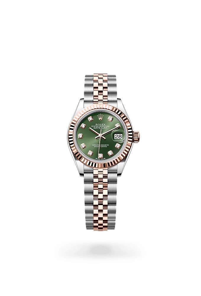 Lady-Datejust, Oyster, 28 mm, Oystersteel and Everose gold, Dial : Olive green set with diamonds, Rolex