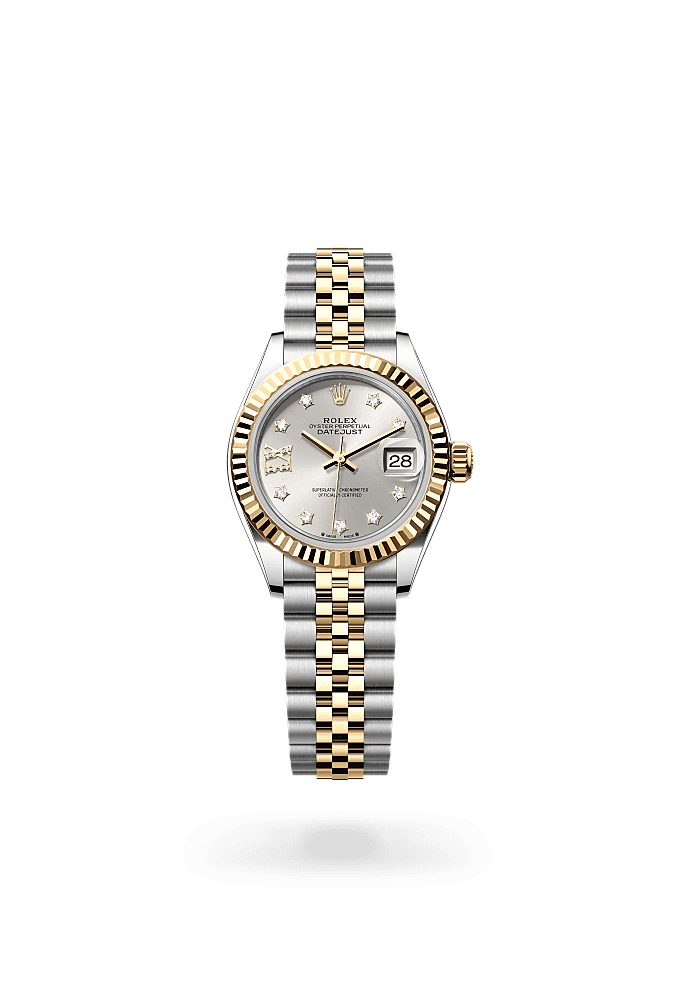 Lady-Datejust, Oyster, 28 mm, Oystersteel and yellow gold, Dial : Silver set with diamonds, Rolex
