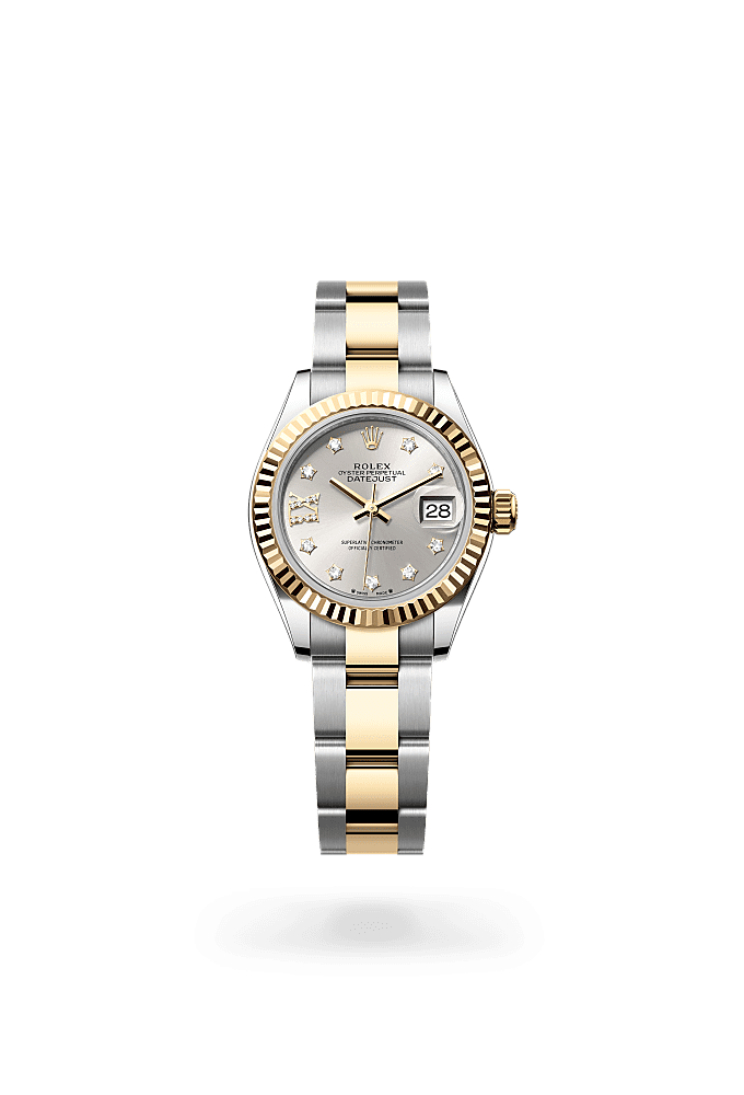 Lady-Datejust, Oyster, 28 mm, Oystersteel and yellow gold, Dial : Silver set with diamonds, Rolex