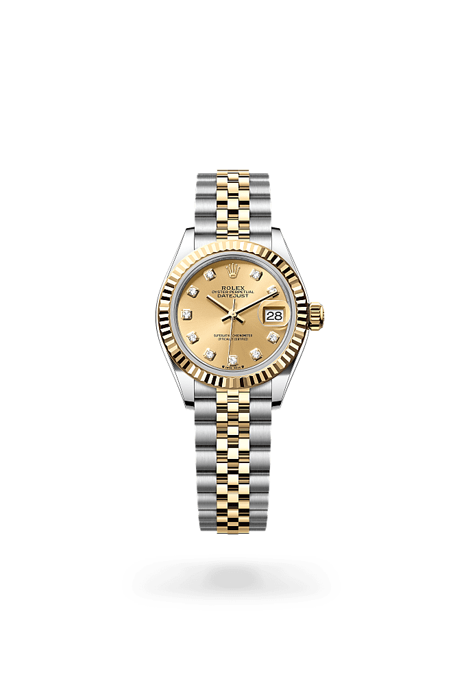 Lady-Datejust, Oyster, 28 mm, Oystersteel and yellow gold, Dial : Champagne-colour set with diamonds, Rolex