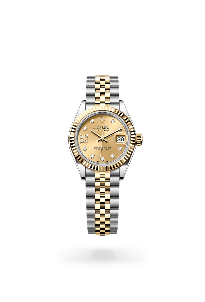 Lady-Datejust, Oyster, 28 mm, Oystersteel and yellow gold, Dial : Champagne-colour set with diamonds, Rolex