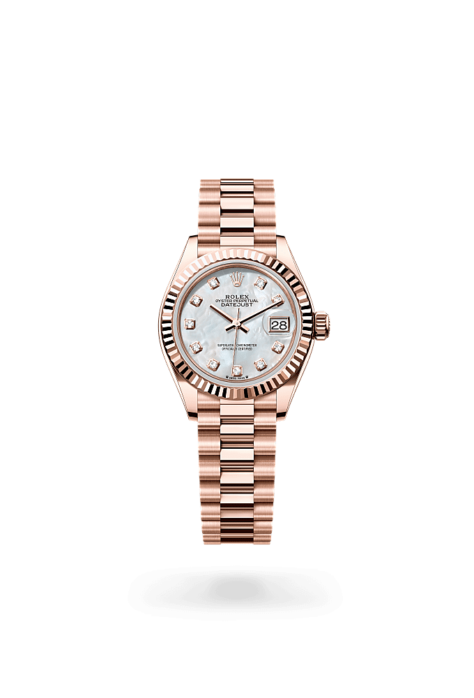 Lady-Datejust, Oyster, 28 mm, Everose gold, Dial : White mother-of-pearl set with diamonds, Rolex