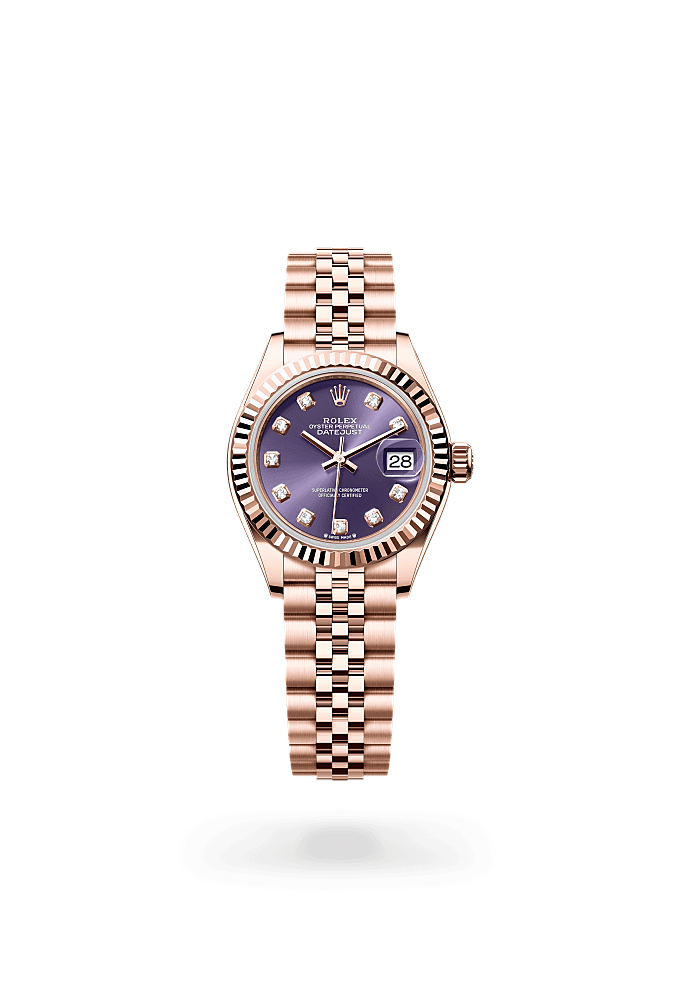Lady-Datejust, Oyster, 28 mm, Everose gold, Dial : Aubergine set with diamonds, Rolex
