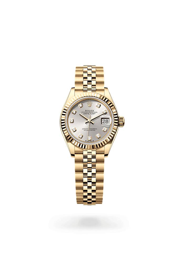 Lady-Datejust, Oyster, 28 mm, yellow gold, Dial : Silver set with diamonds, Rolex
