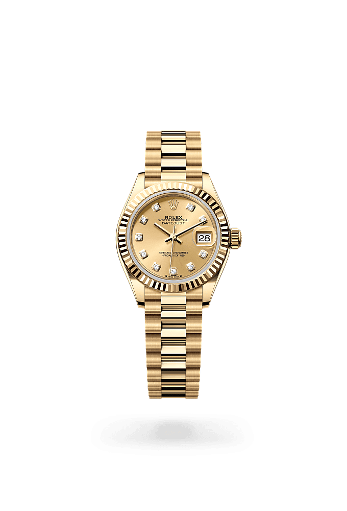 Lady-Datejust, Oyster, 28 mm, yellow gold, Dial : Champagne-colour set with diamonds, Rolex