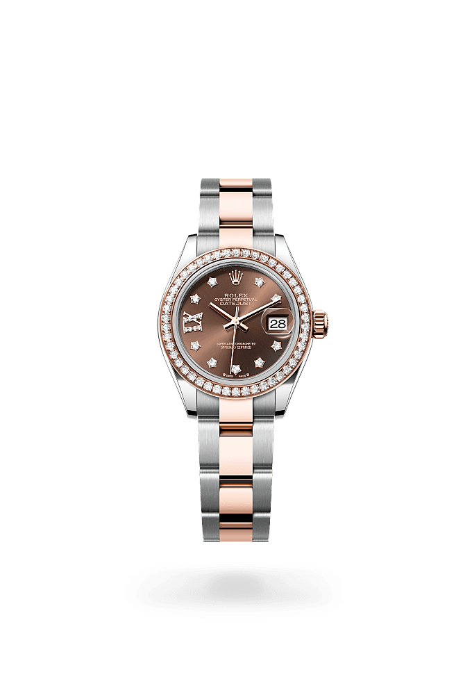 Lady-Datejust, Oyster, 28 mm, Oystersteel, Everose gold and diamonds, Dial : Chocolate set with diamonds, Rolex