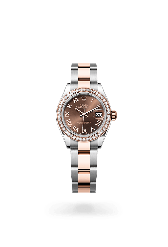 Lady-Datejust, Oyster, 28 mm, Oystersteel, Everose gold and diamonds, Dial : Chocolate, Rolex