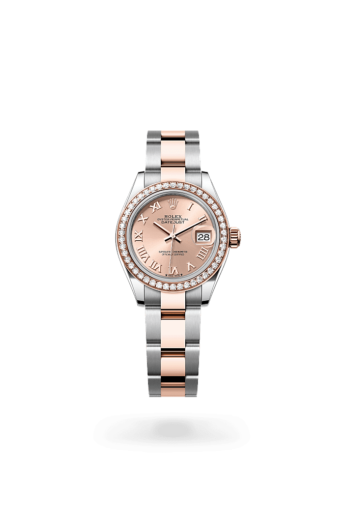 Lady-Datejust, Oyster, 28 mm, Oystersteel, Everose gold and diamonds, Dial : Rosé-colour, Rolex