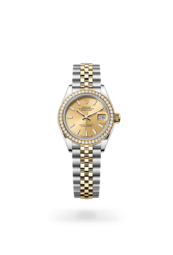 Lady-Datejust, Oyster, 28 mm, Oystersteel, yellow gold and diamonds, Dial : Champagne-colour, Rolex