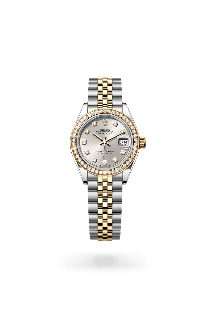 Lady-Datejust, Oyster, 28 mm, Oystersteel, yellow gold and diamonds, Dial : Silver set with diamonds, Rolex