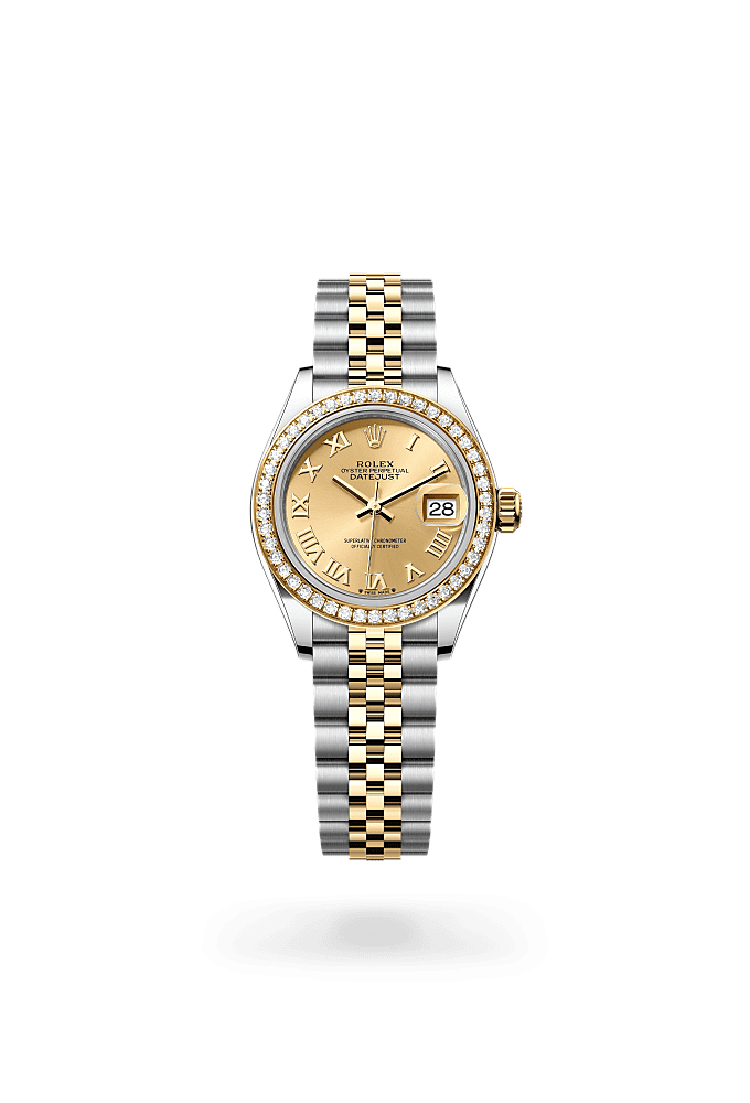 Lady-Datejust, Oyster, 28 mm, Oystersteel, yellow gold and diamonds, Dial : Champagne-colour, Rolex