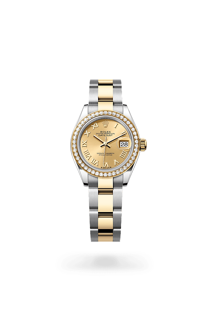 Lady-Datejust, Oyster, 28 mm, Oystersteel, yellow gold and diamonds, Dial : Champagne-colour, Rolex
