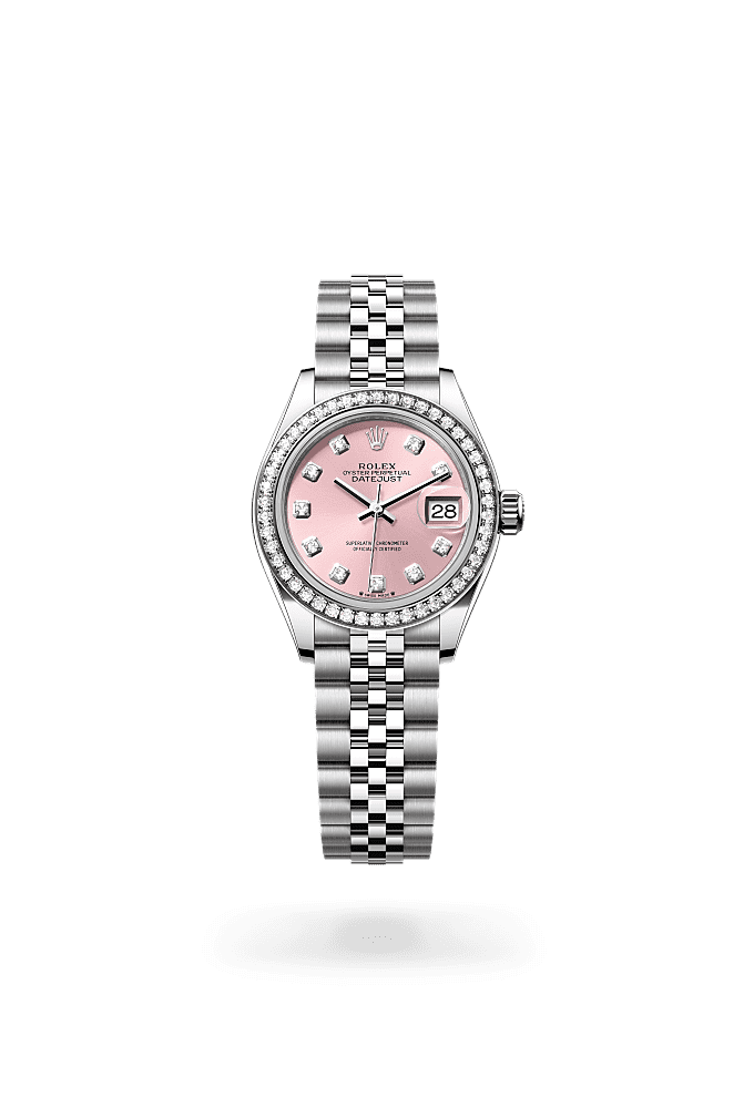 Lady-Datejust, Oyster, 28 mm, Oystersteel, white gold and diamonds, Dial : Pink set with diamonds, Rolex