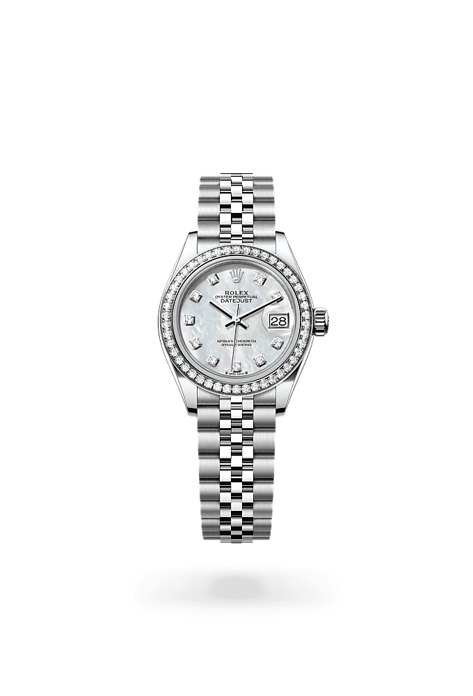 Lady-Datejust, Oyster, 28 mm, Oystersteel, white gold and diamonds, Dial : White mother-of-pearl set with diamonds, Rolex
