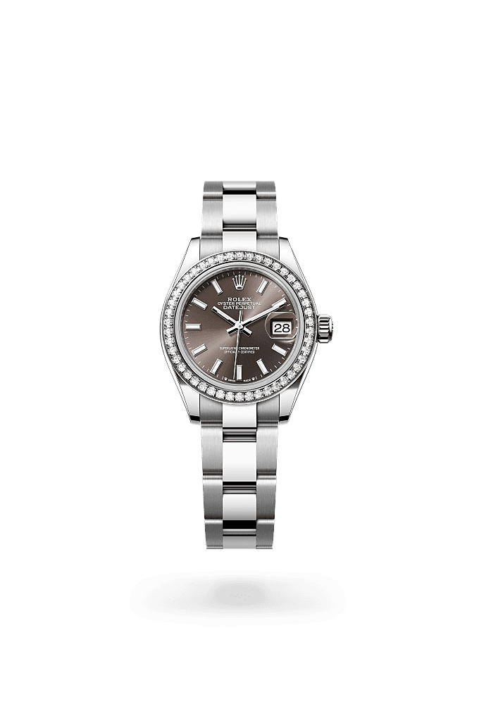 Lady-Datejust, Oyster, 28 mm, Oystersteel, white gold and diamonds, Dial : Dark grey, Rolex