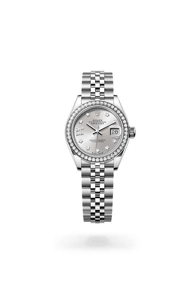 Lady-Datejust, Oyster, 28 mm, Oystersteel, white gold and diamonds, Dial : Silver set with diamonds, Rolex